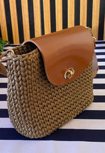 Load image into Gallery viewer, Brown woven handbag with a tan leather flap Versatile everyday sling bag handmade