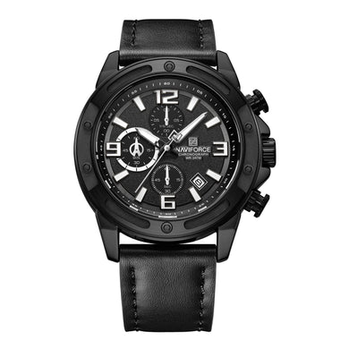 Black Naviforce watch with leather strap on a white background
