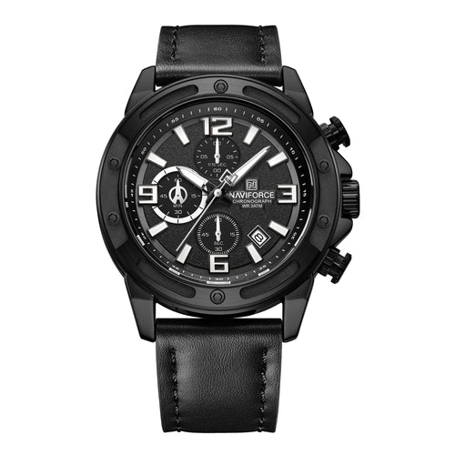 Black Naviforce watch with leather strap on a white background